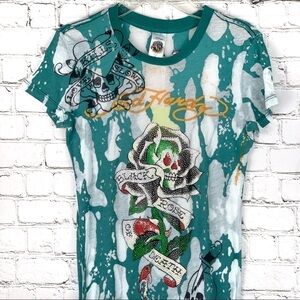 New-ed Hardy Black Rose Of Death Rhinestones BurnOut Sheer ShortSleeve Tee Shirt
